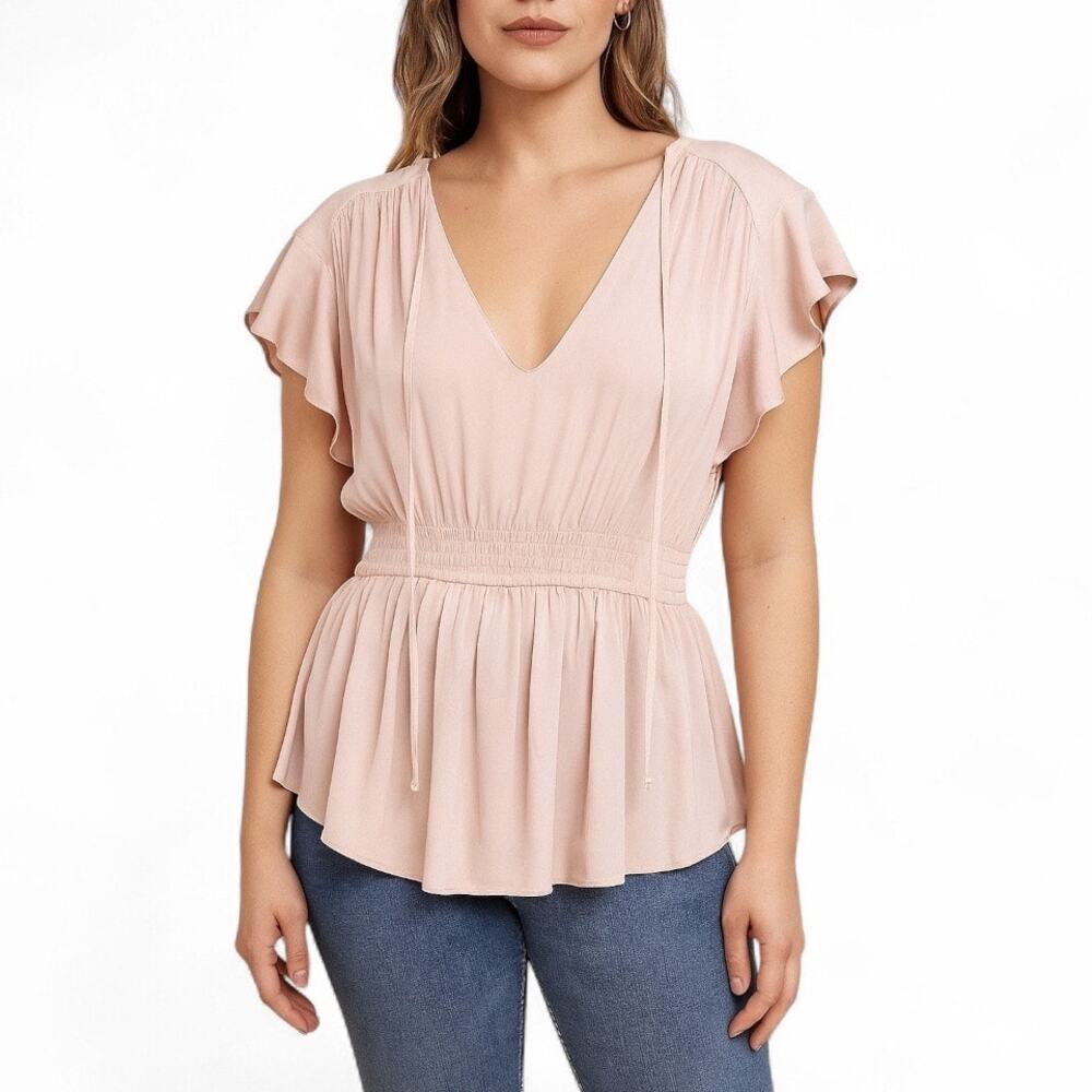 ASTR Short Sleeve V Neck Top Short Sleeve Neutral Pale Pink Peplum Blouse Small
